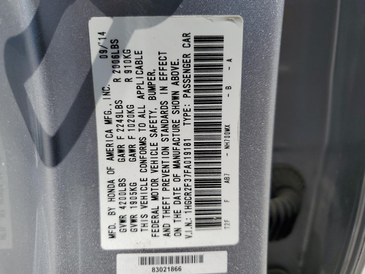 1HGCR2F37FA019181 2015 Honda Accord Lx