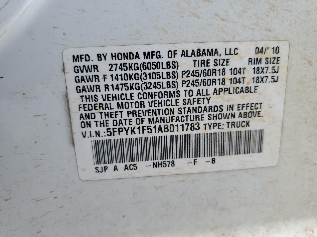 5FPYK1F51AB011783 2010 Honda Ridgeline Rtl