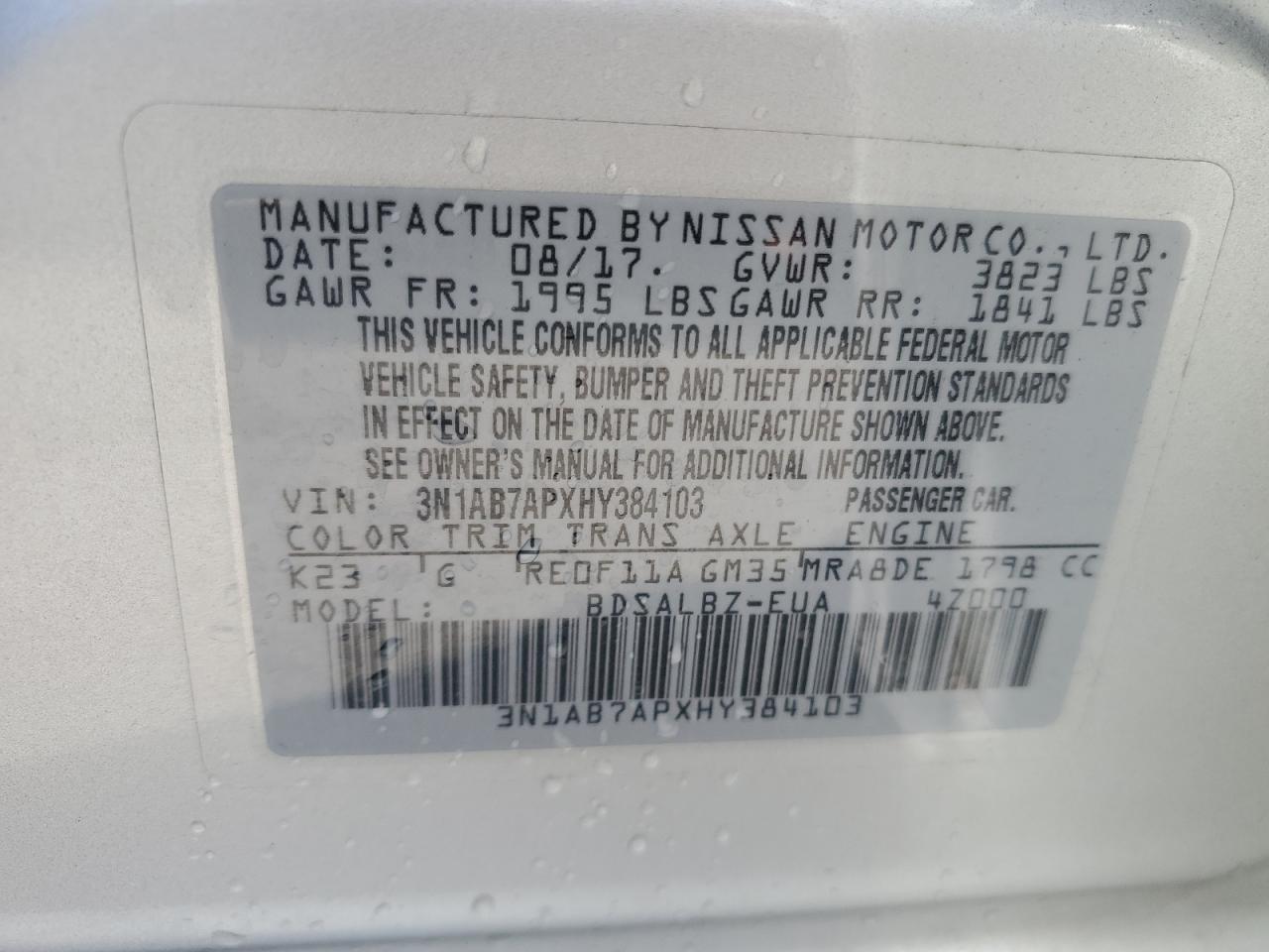 3N1AB7APXHY384103 2017 Nissan Sentra S