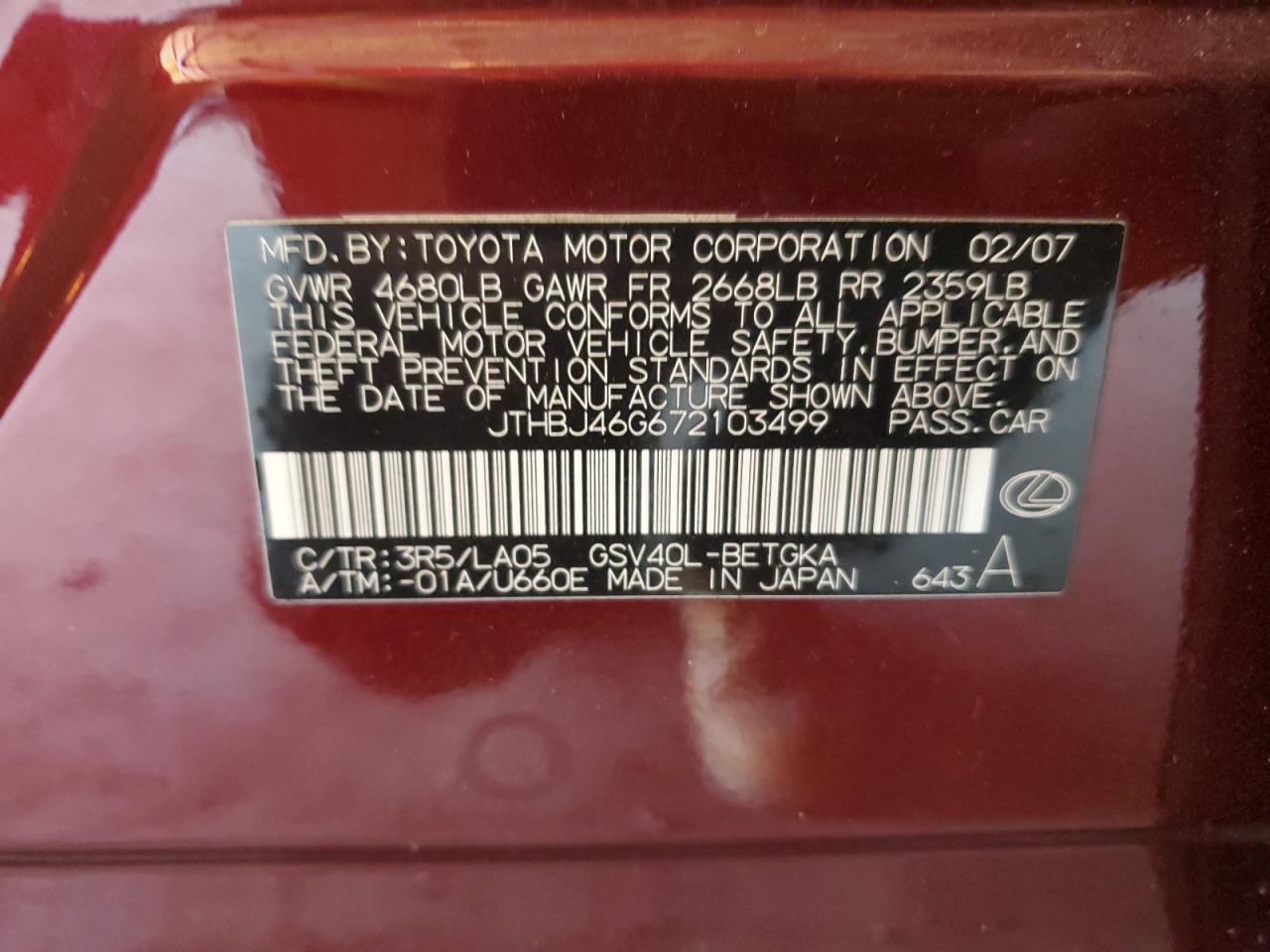 JTHBJ46G672103499 2007 Lexus Es 350