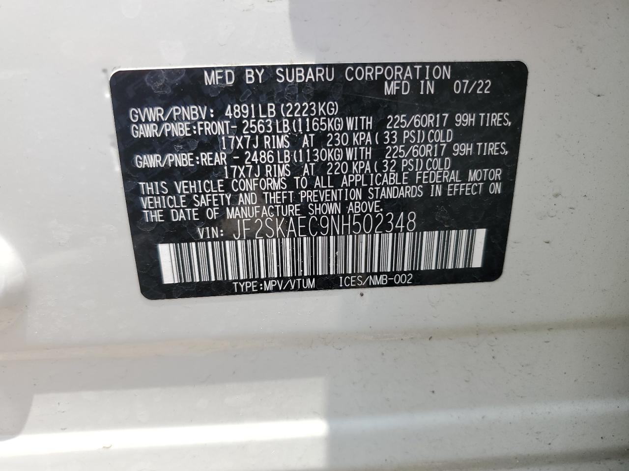 JF2SKAEC9NH502348 2022 Subaru Forester Premium