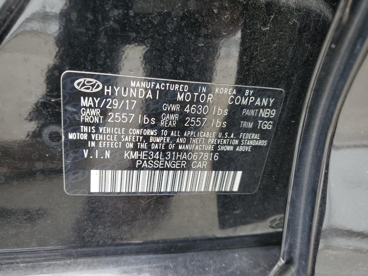 KMHE34L31HA067816 2017 Hyundai Sonata Hybrid