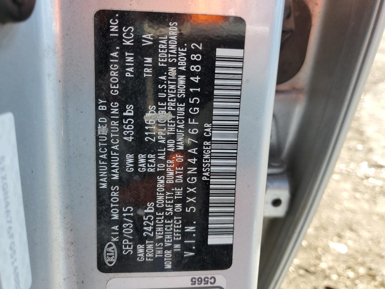 5XXGN4A76FG514882 2015 Kia Optima Ex