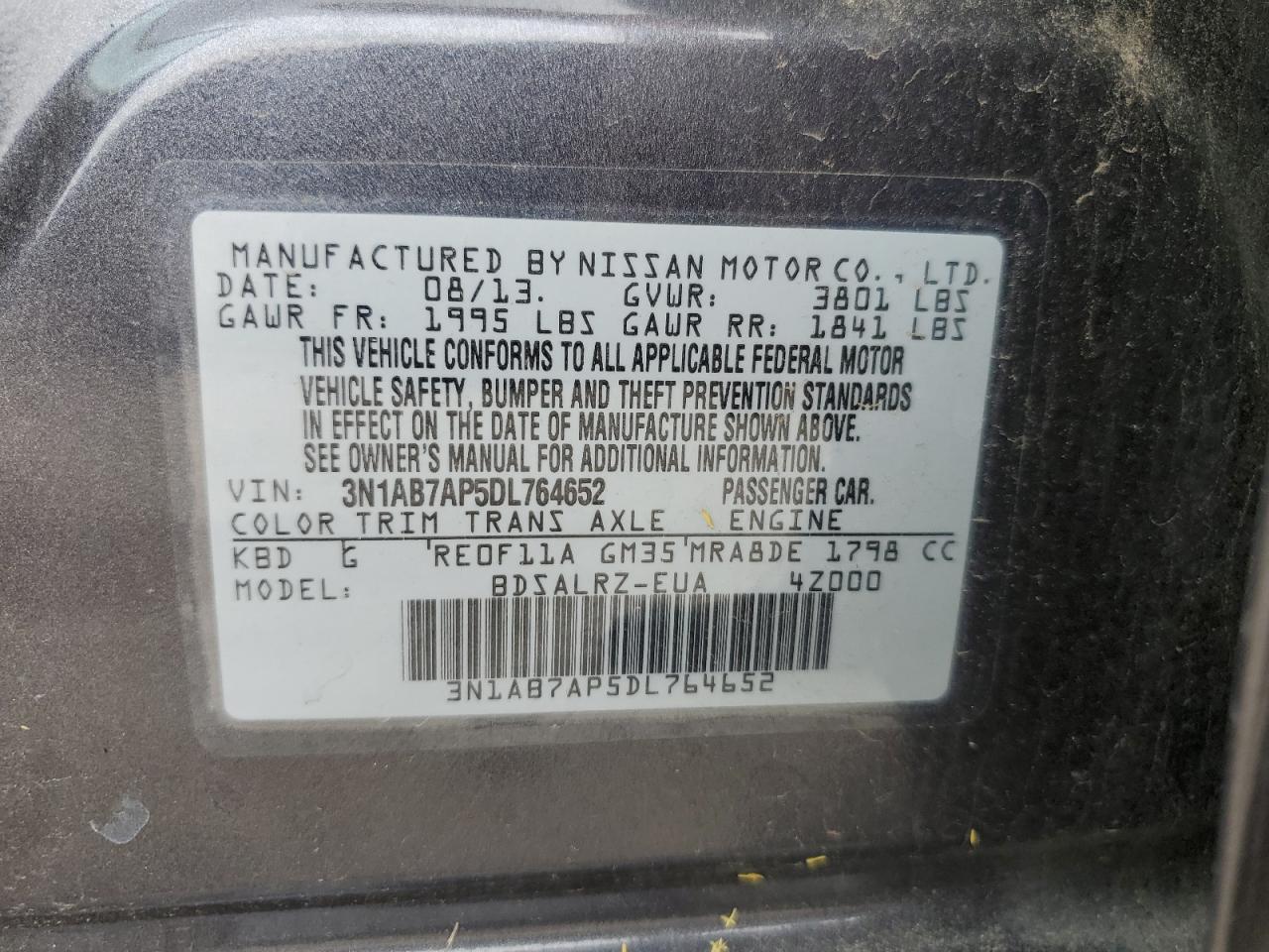 3N1AB7AP5DL764652 2013 Nissan Sentra S