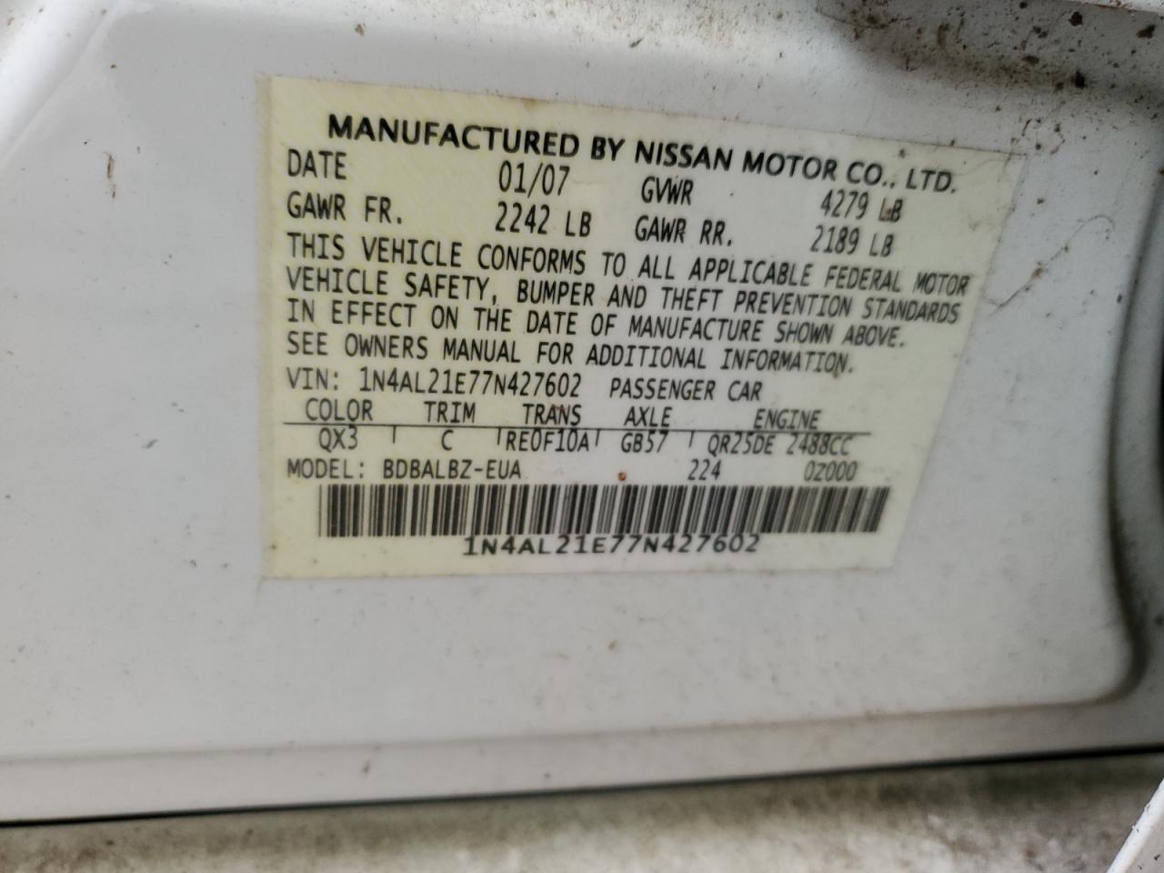 1N4AL21E77N427602 2007 Nissan Altima 2.5