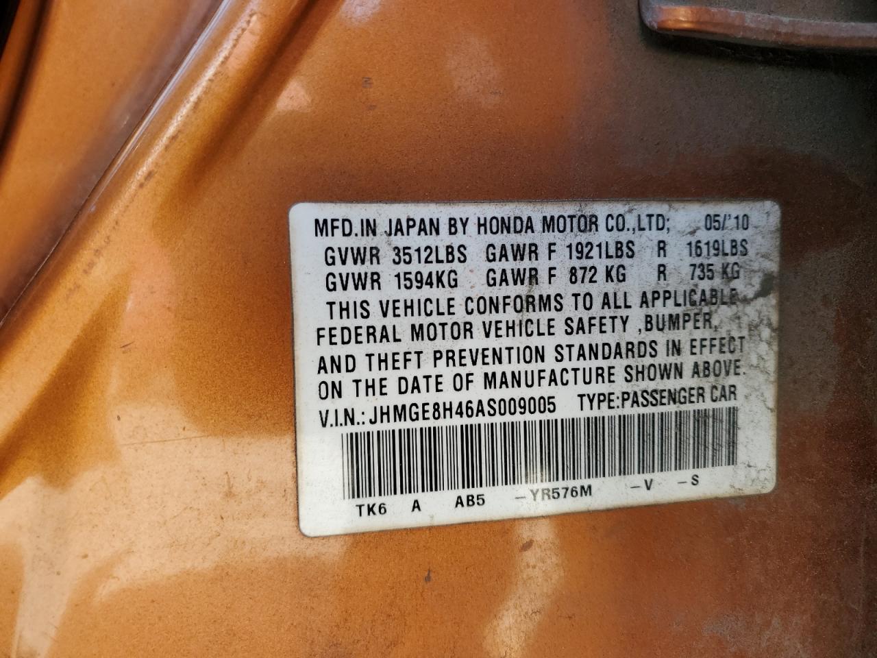 JHMGE8H46AS009005 2010 Honda Fit Sport