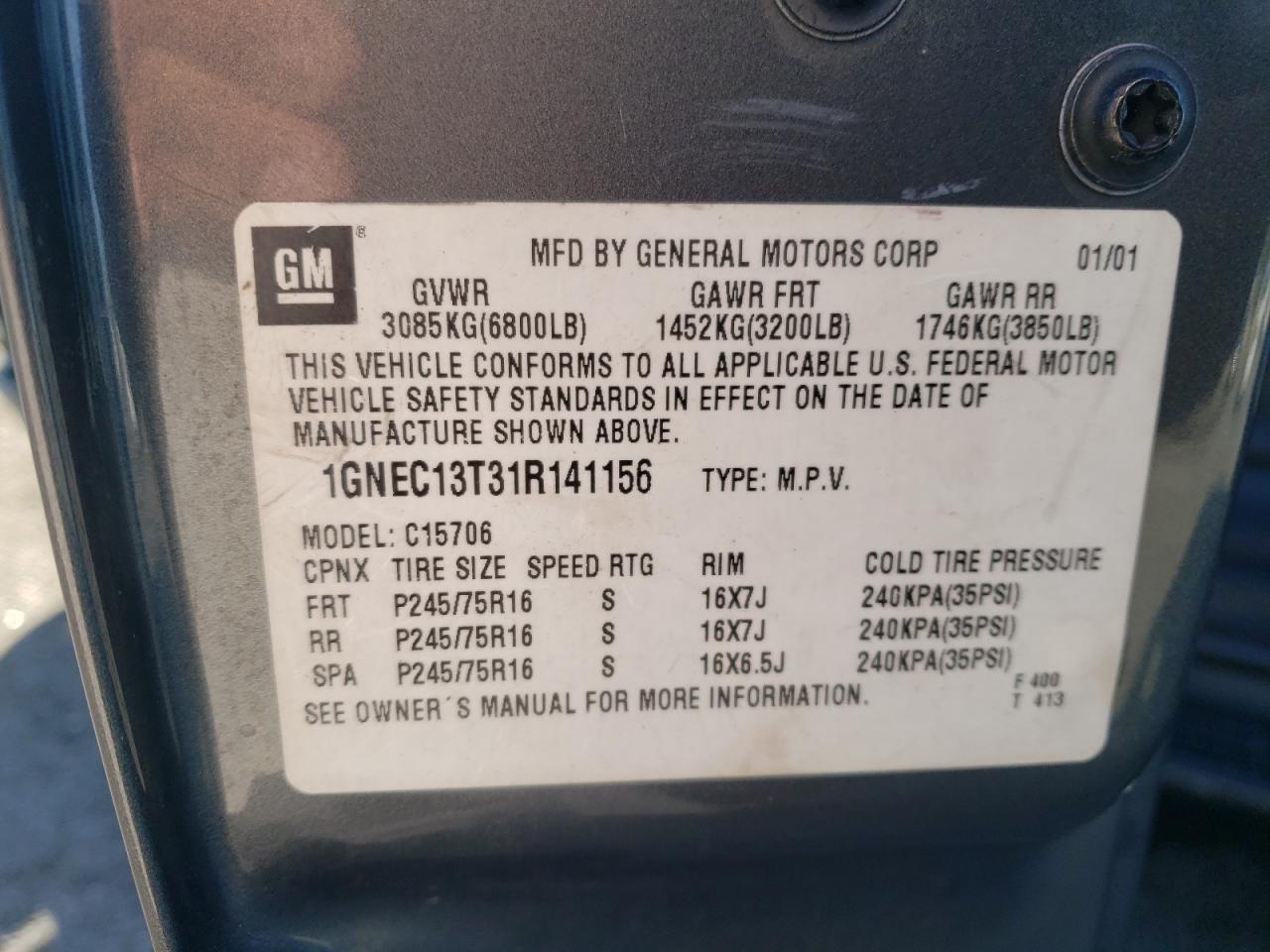 1GNEC13T31R141156 2001 Chevrolet Tahoe C1500