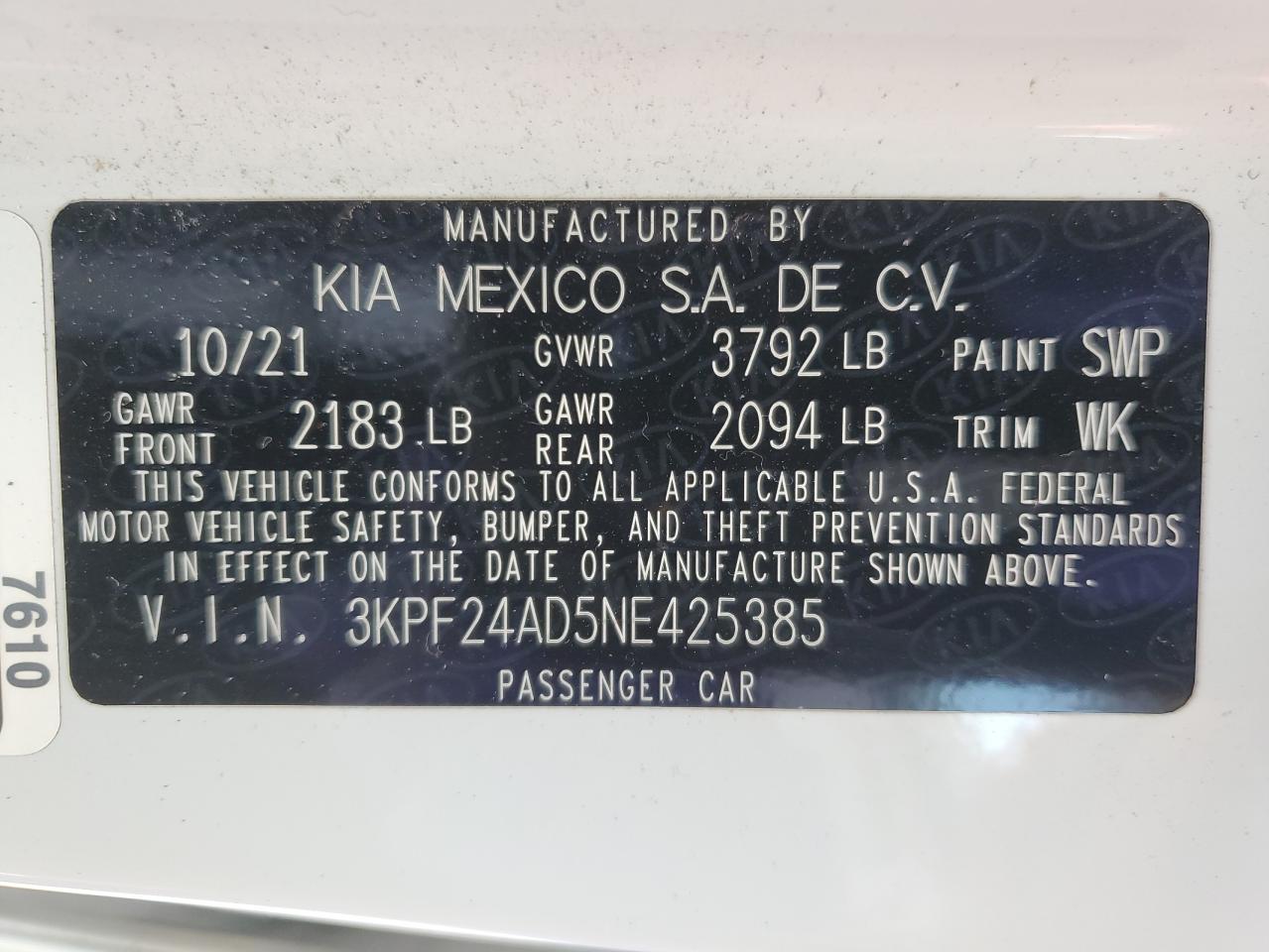 3KPF24AD5NE425385 2022 Kia Forte Fe