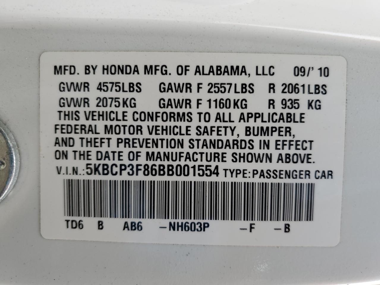 5KBCP3F86BB001554 2011 Honda Accord Exl