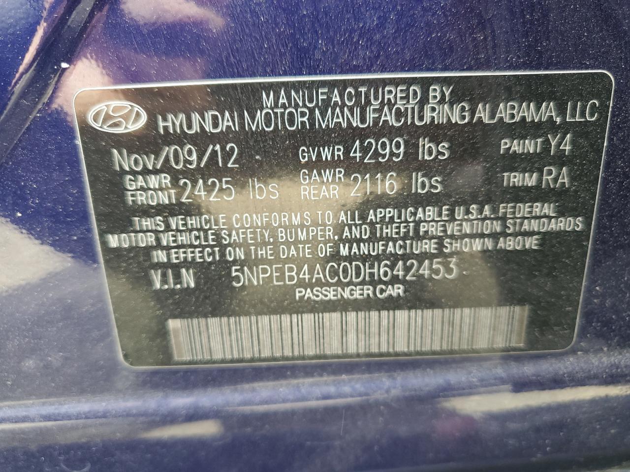 5NPEB4AC0DH642453 2013 Hyundai Sonata Gls