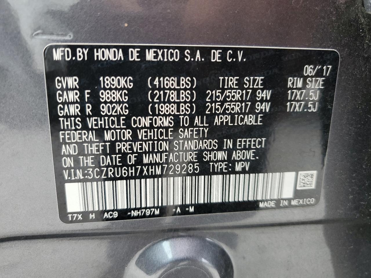 3CZRU6H7XHM729285 2017 Honda Hr-V Exl