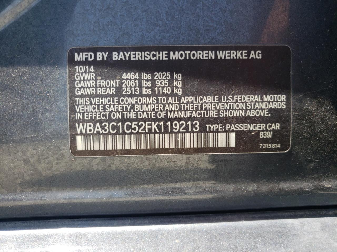 WBA3C1C52FK119213 2015 BMW 328 I Sulev