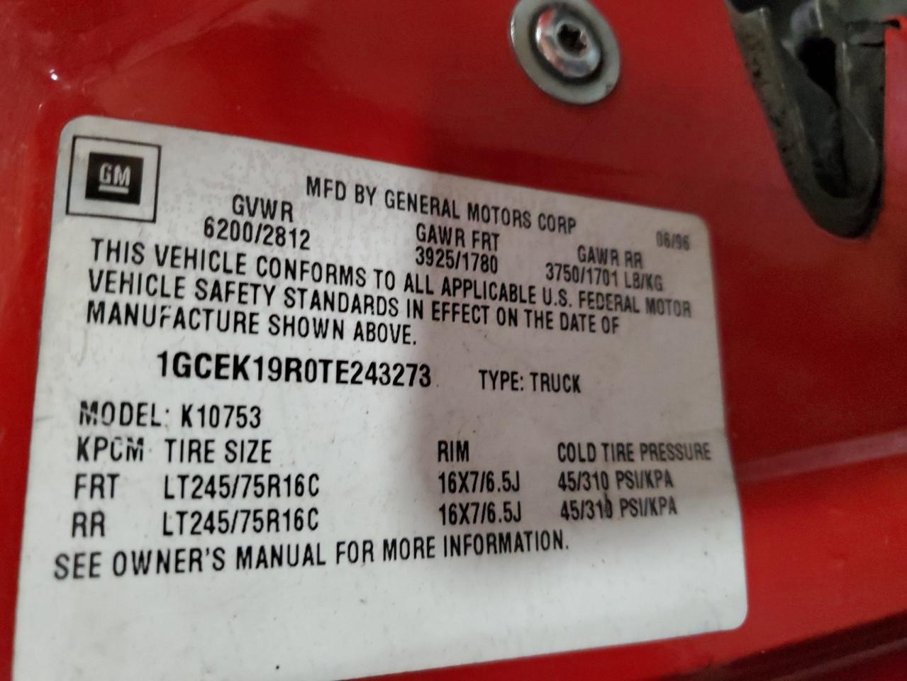 1GCEK19R0TE243273 1996 Chevrolet Gmt-400 K1500