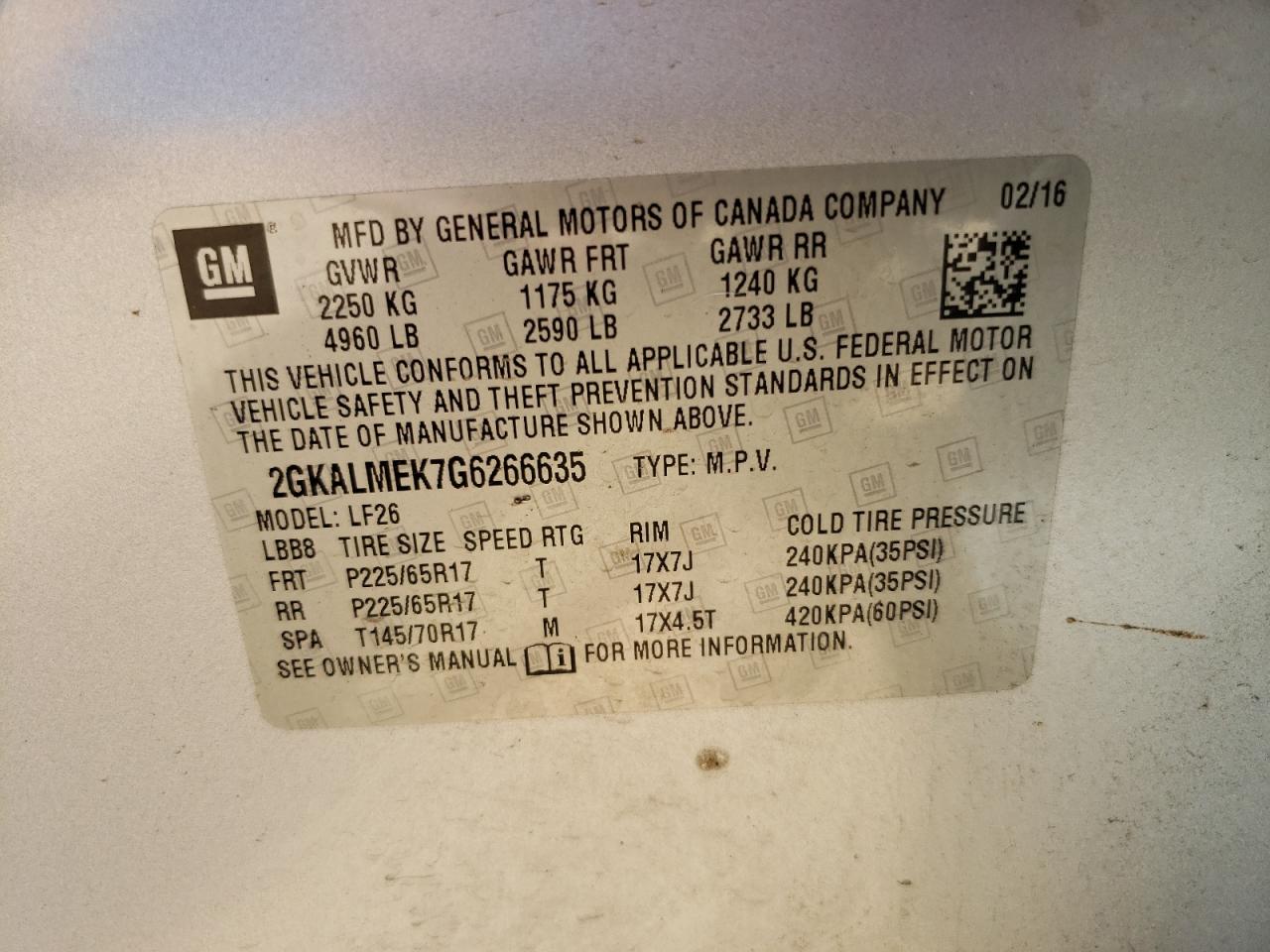 2GKALMEK7G6266635 2016 GMC Terrain Sle