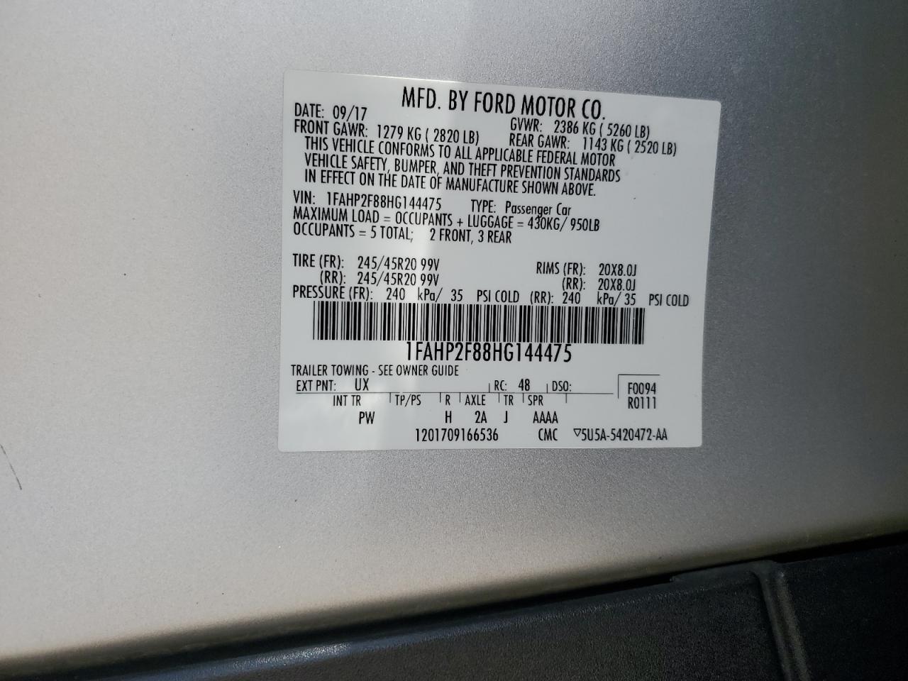 1FAHP2F88HG144475 2017 Ford Taurus Limited