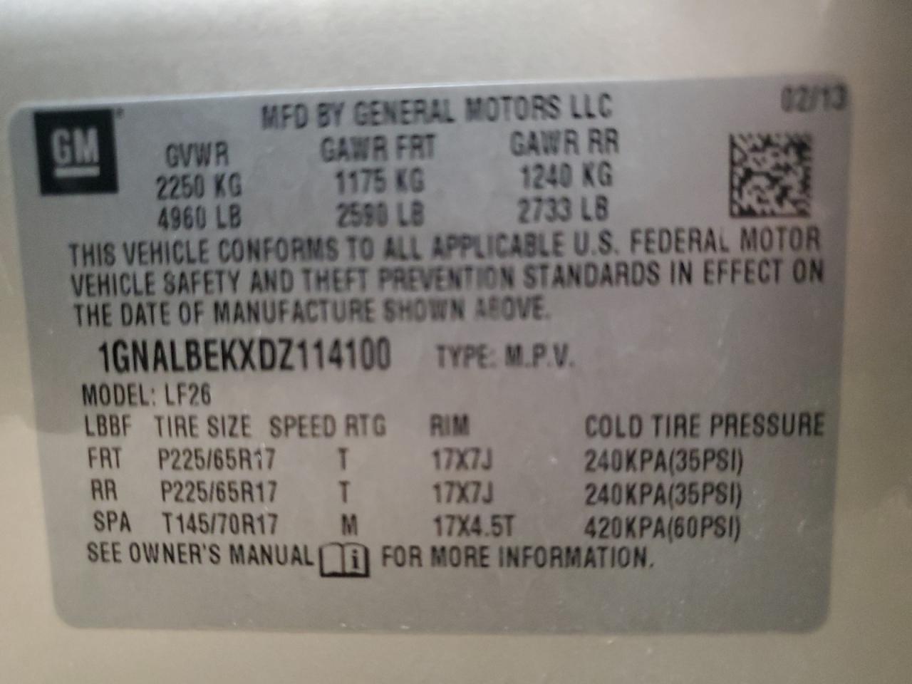 1GNALBEKXDZ114100 2013 Chevrolet Equinox Ls