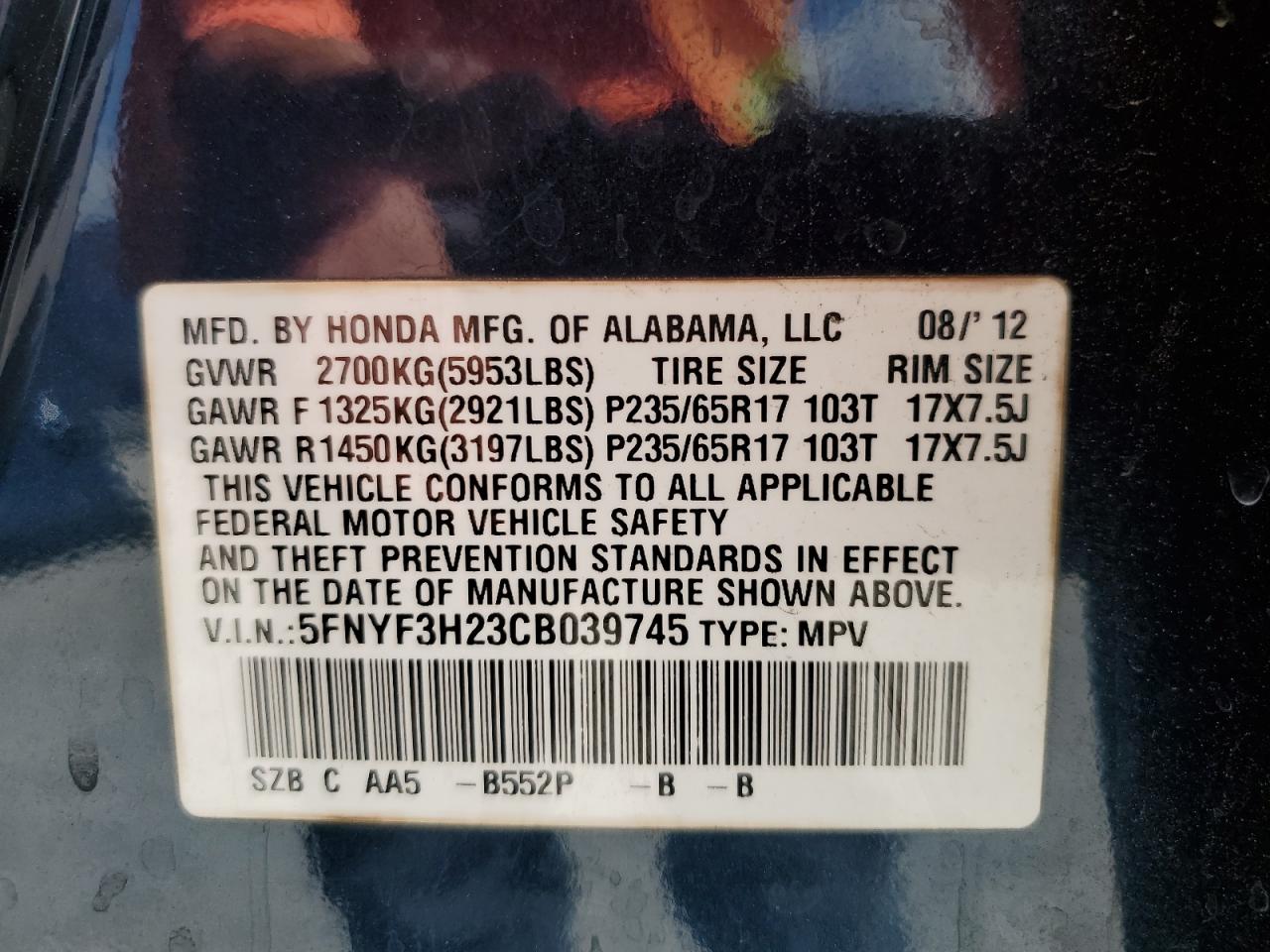 5FNYF3H23CB039745 2012 Honda Pilot Lx