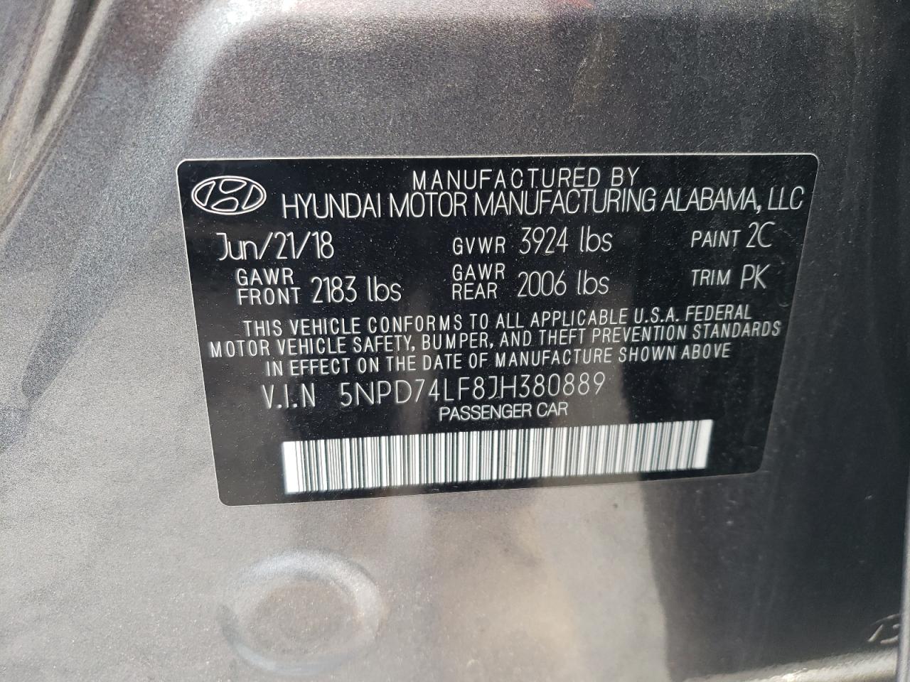 5NPD74LF8JH380889 2018 Hyundai Elantra Se