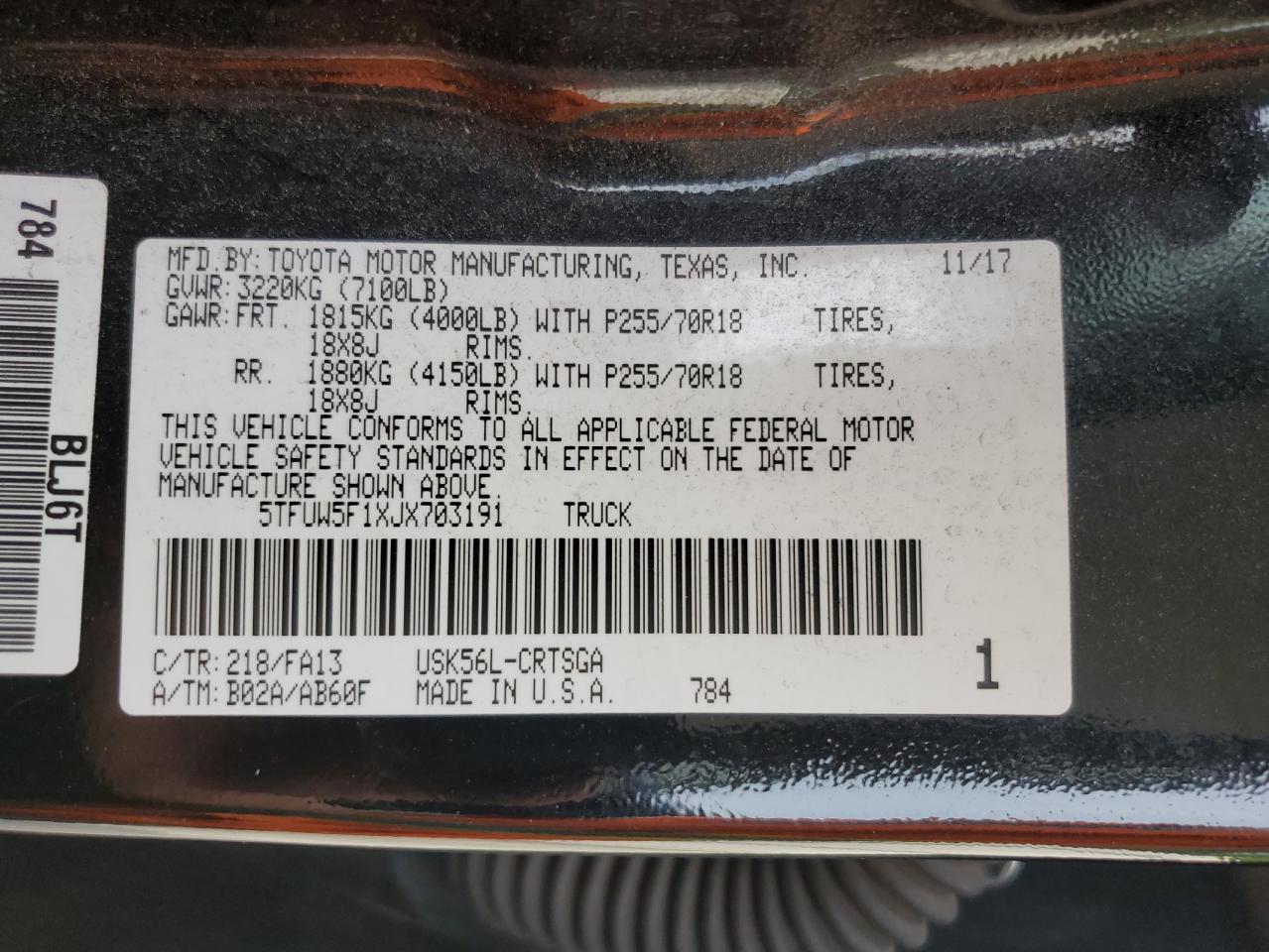 5TFUW5F1XJX703191 2018 Toyota Tundra Double Cab Sr/Sr5