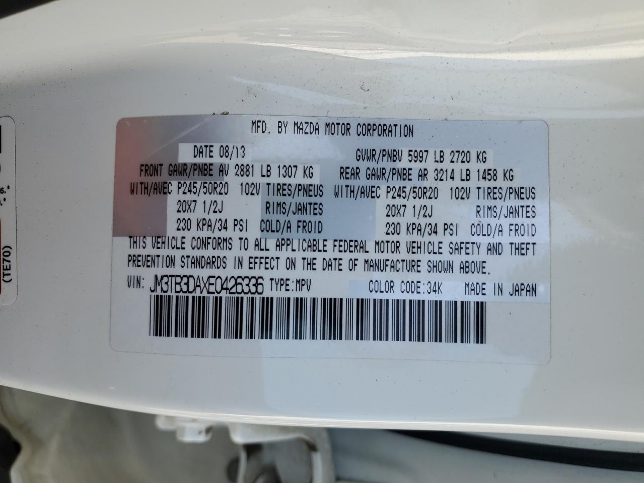 JM3TB3DAXE0426336 2014 Mazda Cx-9 Grand Touring