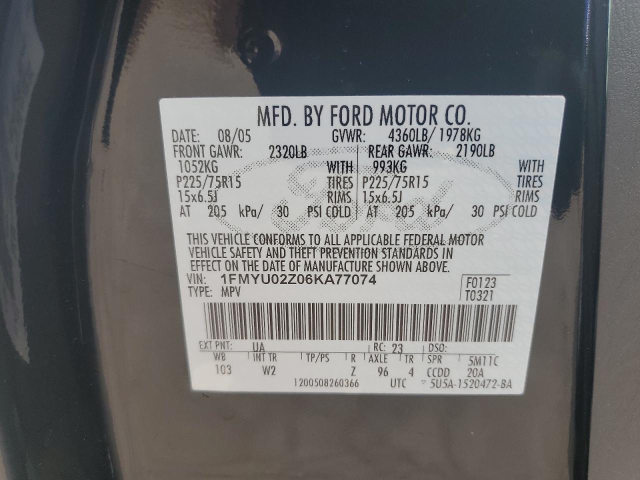 1FMYU02Z06KA77074 2006 Ford Escape Xls