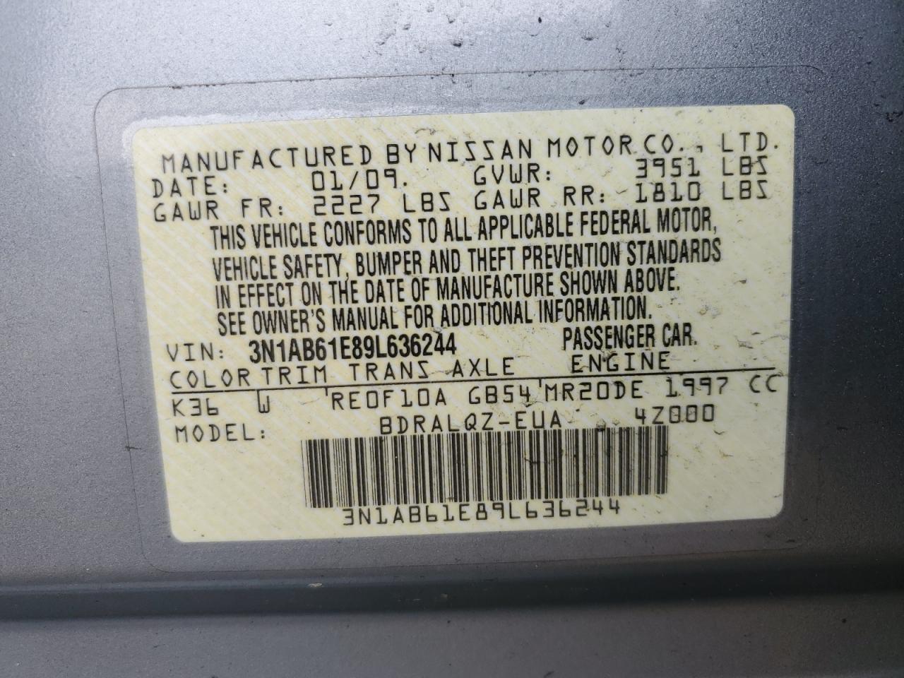 3N1AB61E89L636244 2009 Nissan Sentra 2.0