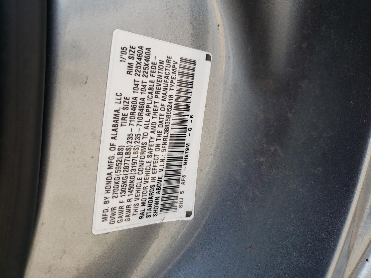 5FNRL38835B052418 2005 Honda Odyssey Touring