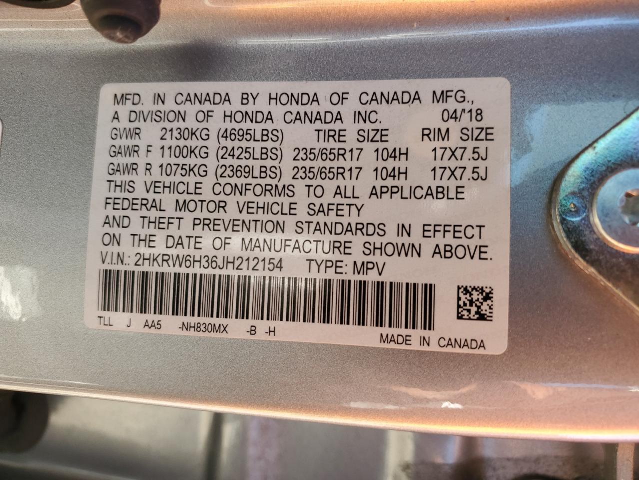 2HKRW6H36JH212154 2018 Honda Cr-V Lx