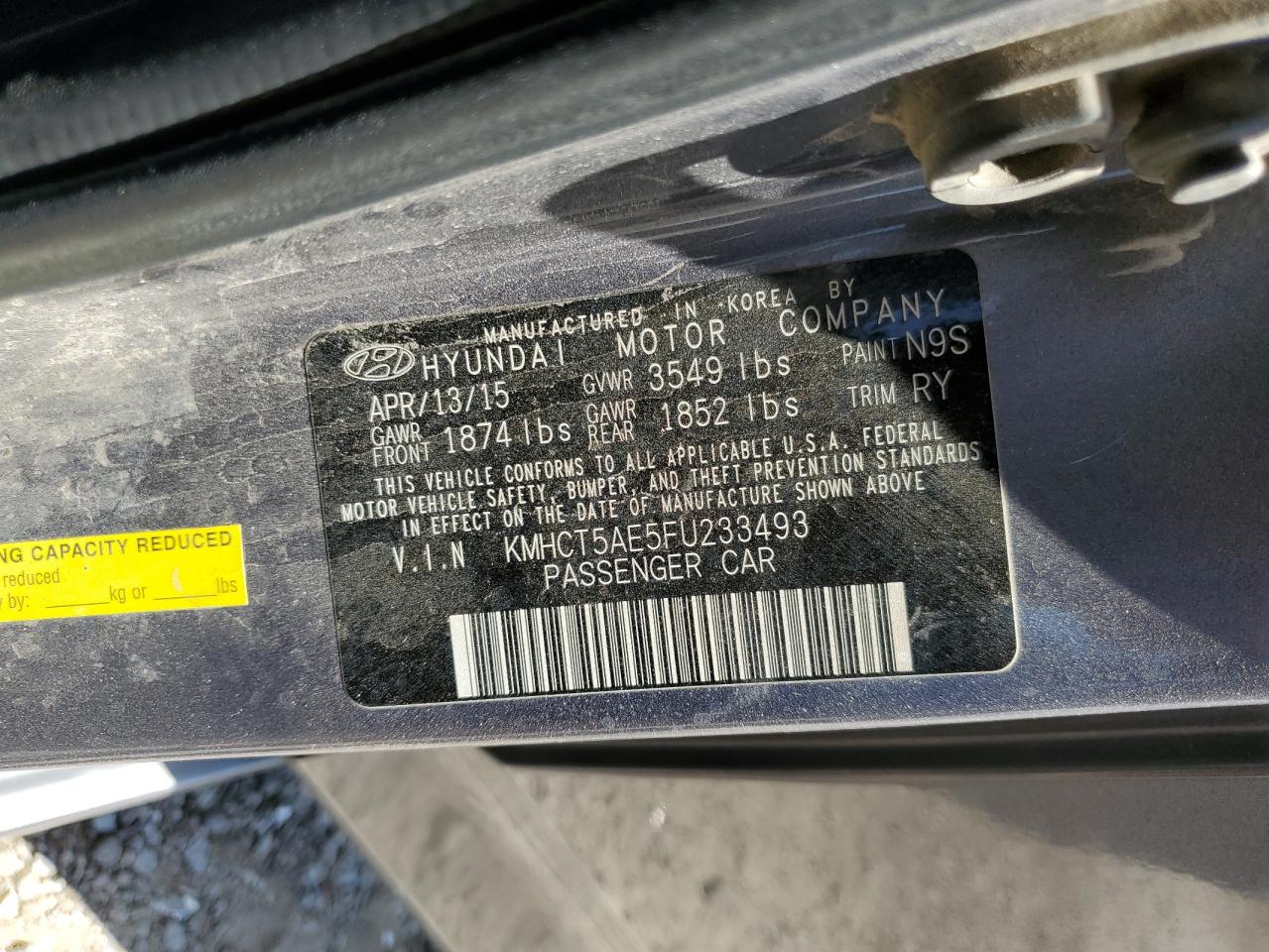 KMHCT5AE5FU233493 2015 Hyundai Accent Gs