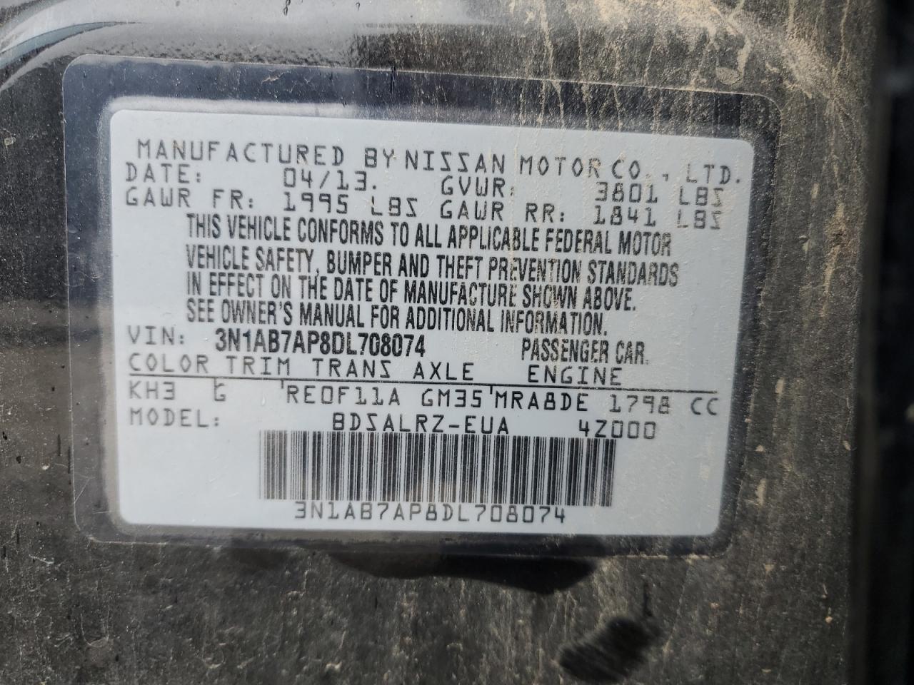 3N1AB7AP8DL708074 2013 Nissan Sentra S