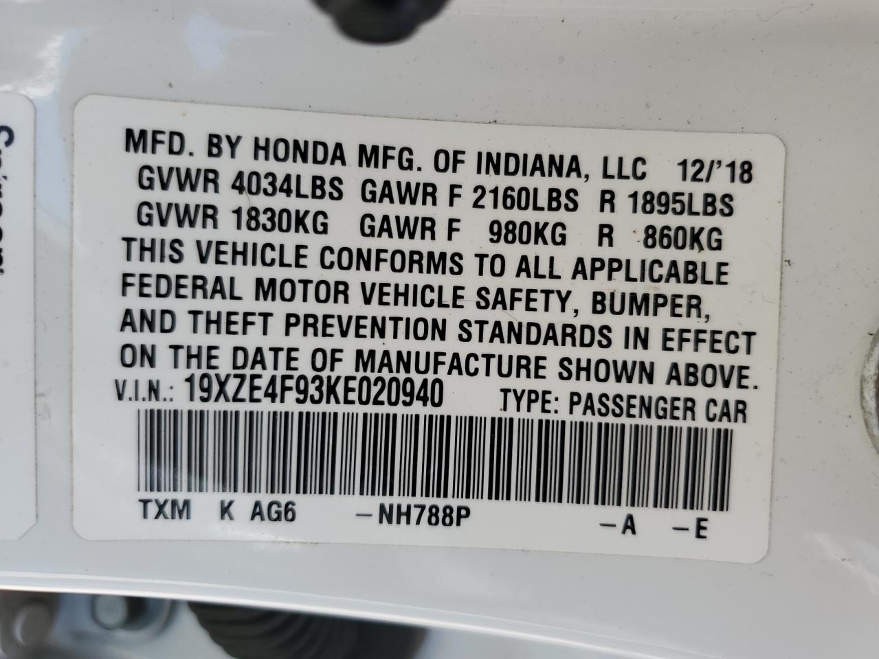 19XZE4F93KE020940 2019 Honda Insight Touring