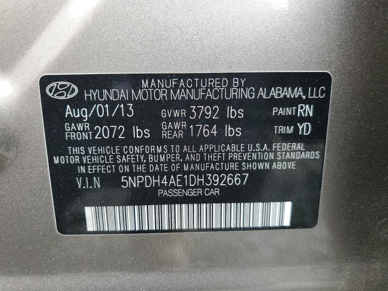 5NPDH4AE1DH392667 2013 Hyundai Elantra Gls