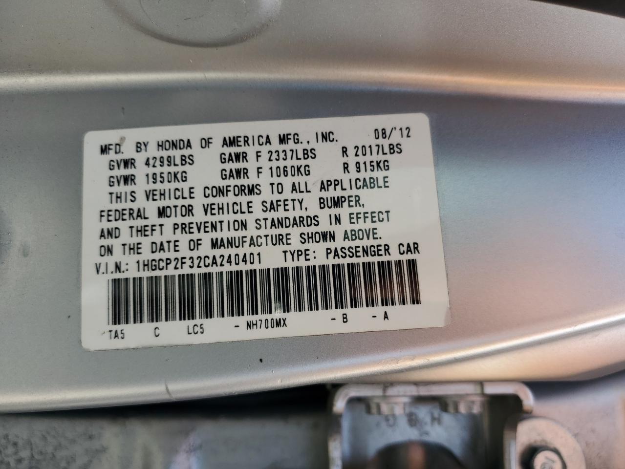 1HGCP2F32CA240401 2012 Honda Accord Lx