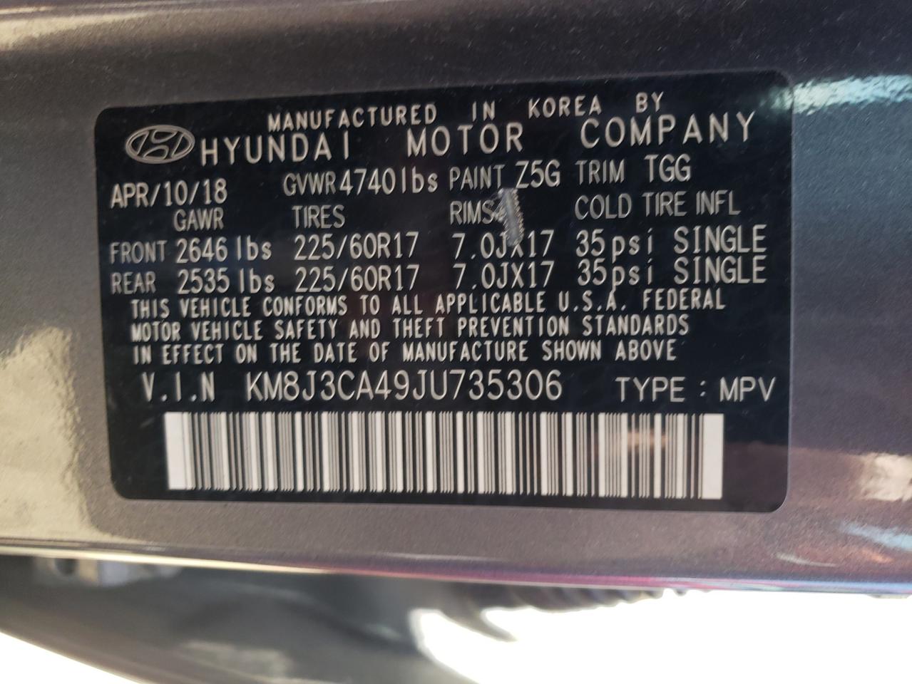 KM8J3CA49JU735306 2018 Hyundai Tucson Sel