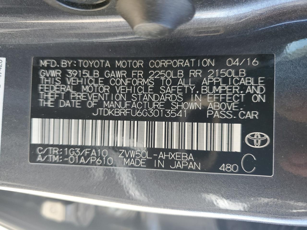 JTDKBRFU6G3013541 2016 Toyota Prius