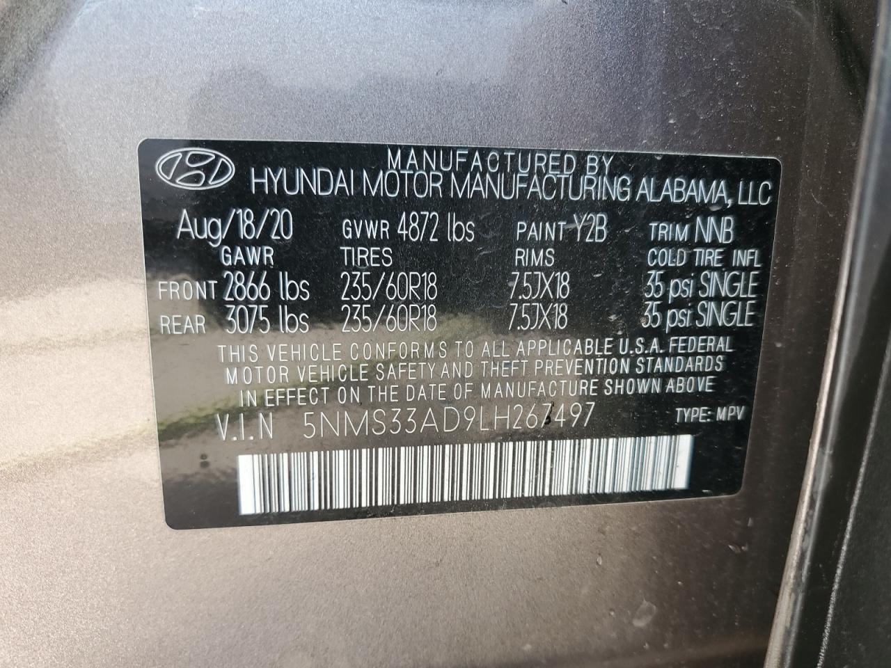 5NMS33AD9LH267497 2020 Hyundai Santa Fe Sel