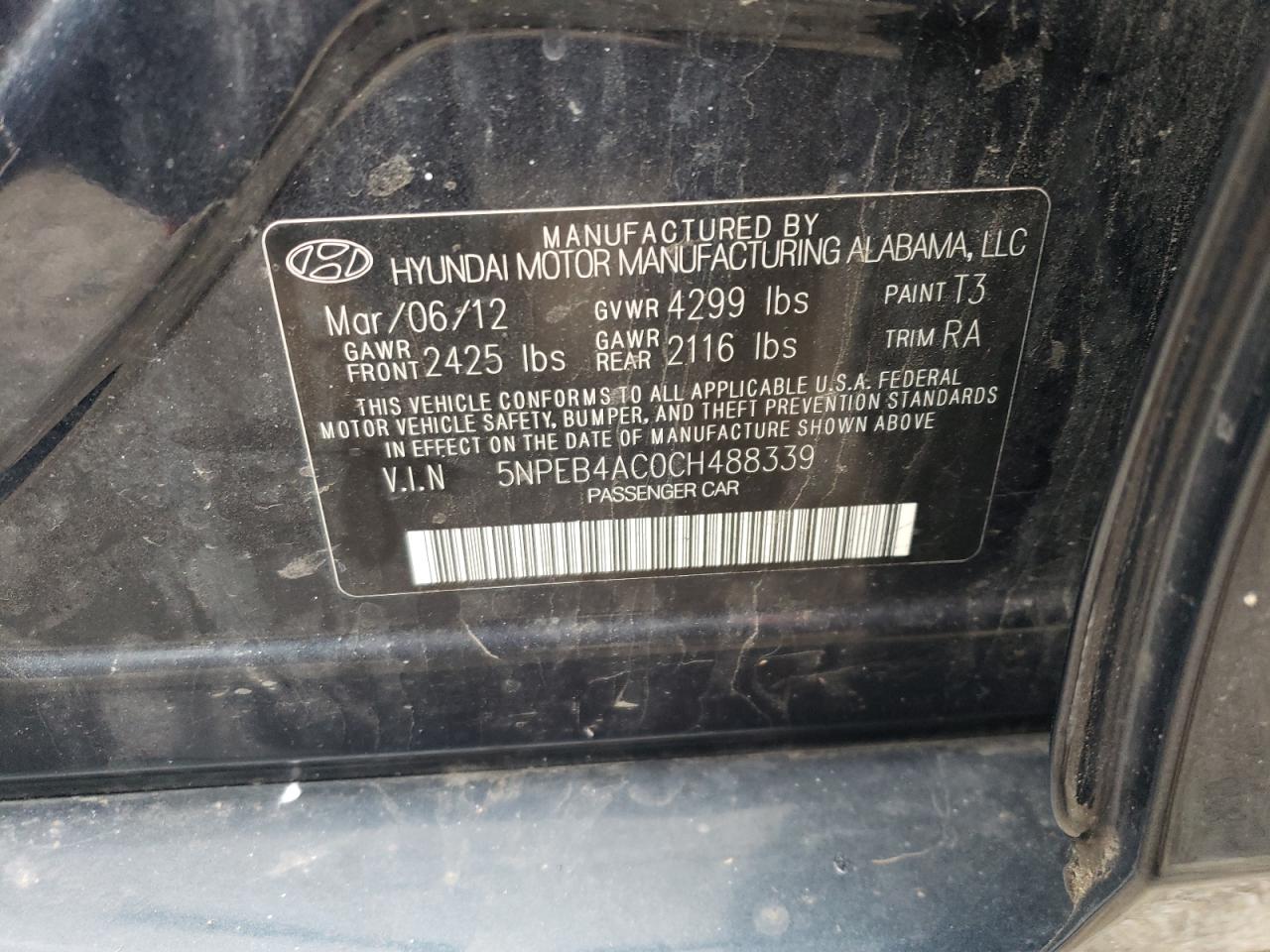 5NPEB4AC0CH488339 2012 Hyundai Sonata Gls