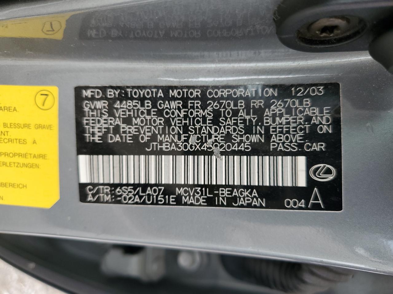 JTHBA30GX45020445 2004 Lexus Es 330