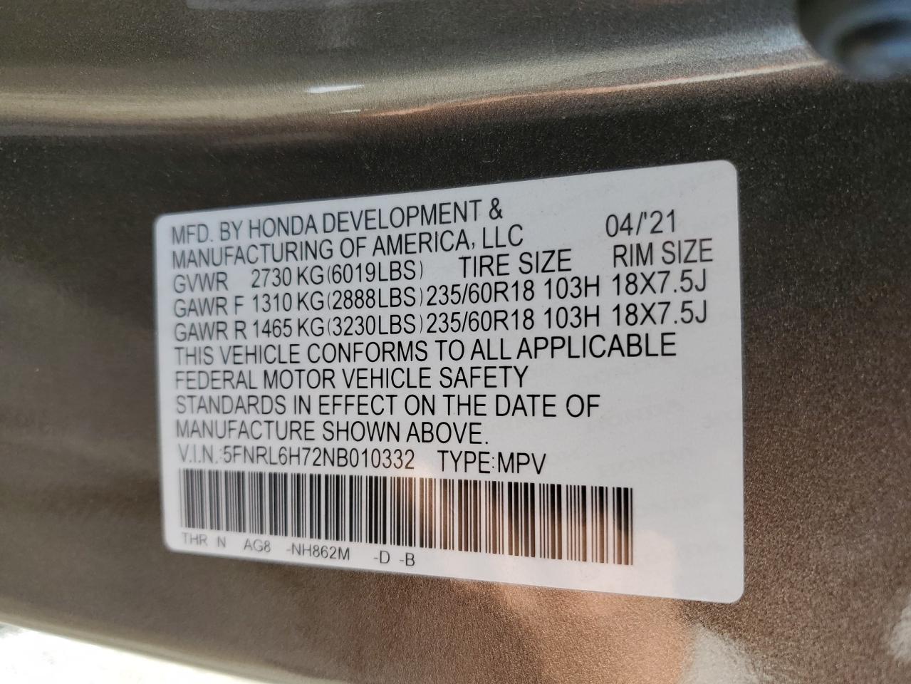 5FNRL6H72NB010332 2022 Honda Odyssey Exl