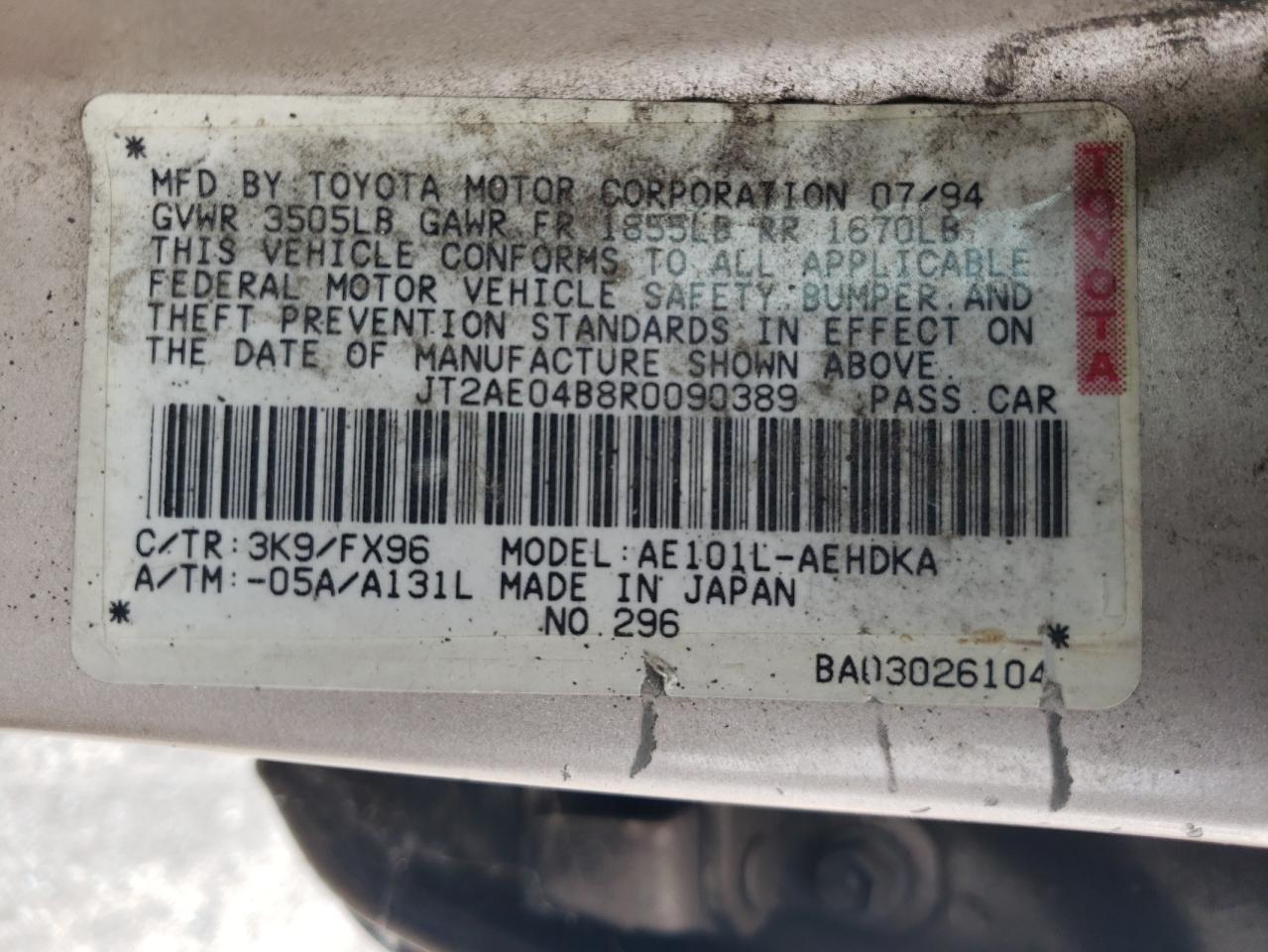 JT2AE04B8R0090389 1994 Toyota Corolla