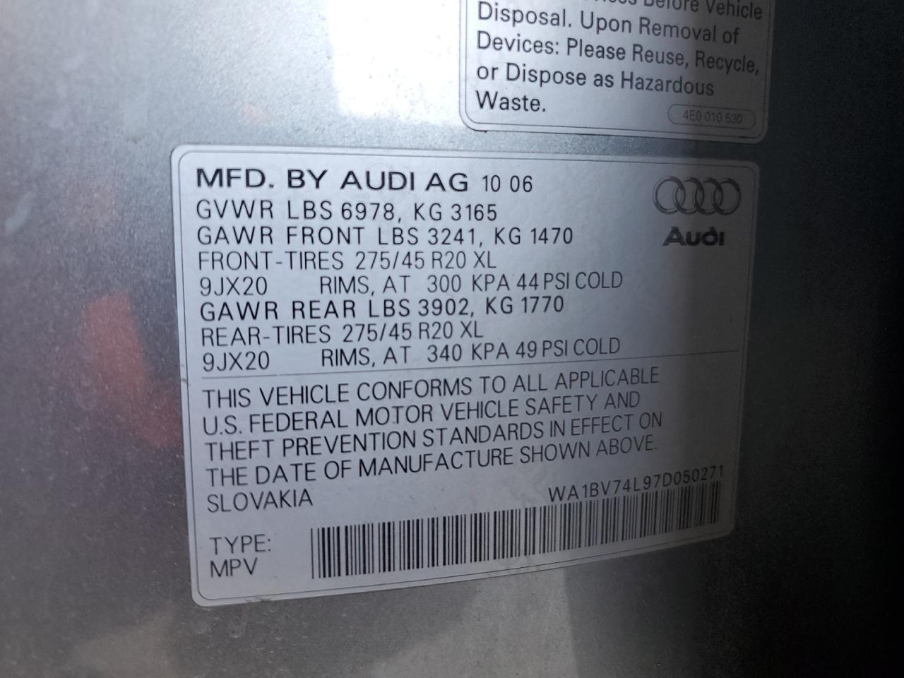 WA1BV74L97D050271 2007 Audi Q7 4.2 Quattro Premium