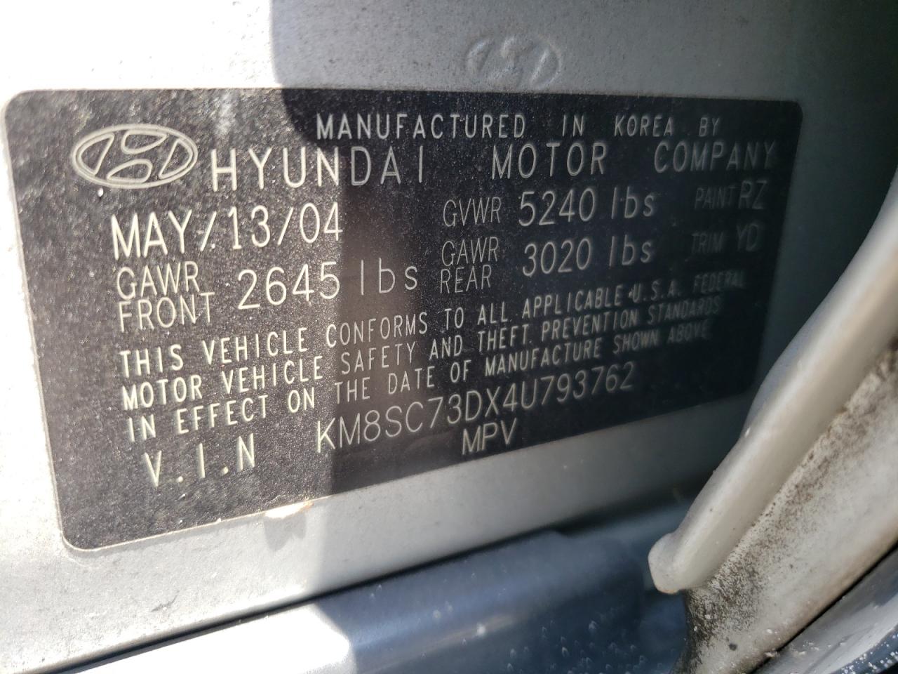 KM8SC73DX4U793762 2004 Hyundai Santa Fe Gls