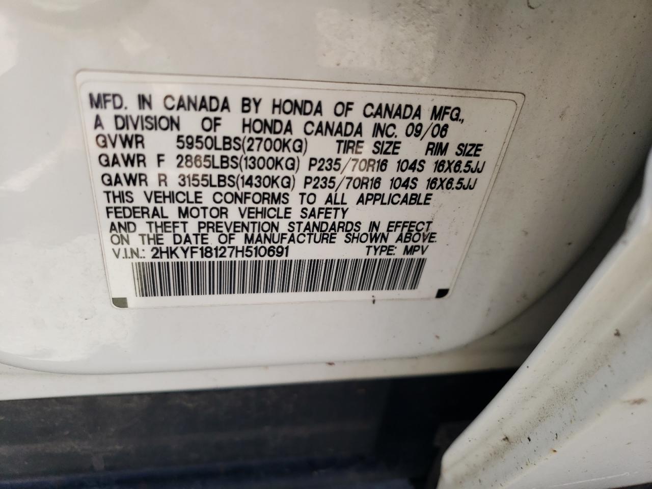 2HKYF18127H510691 2007 Honda Pilot Lx