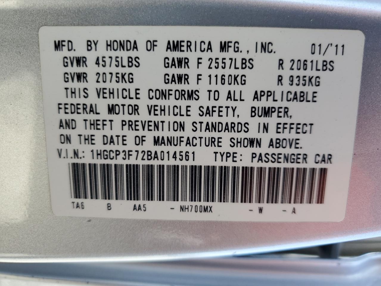 1HGCP3F72BA014561 2011 Honda Accord Ex