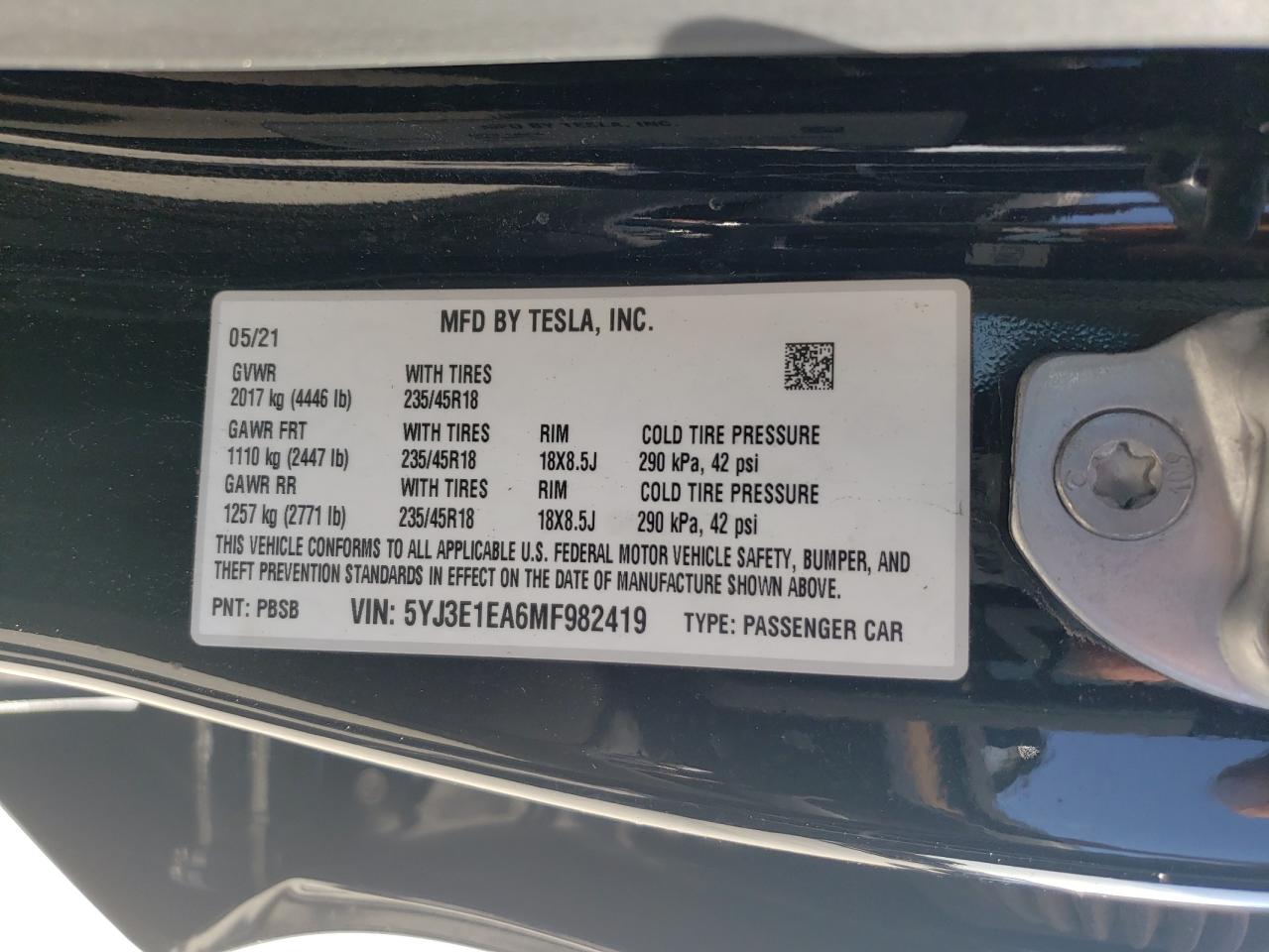 5YJ3E1EA6MF982419 2021 Tesla Model 3