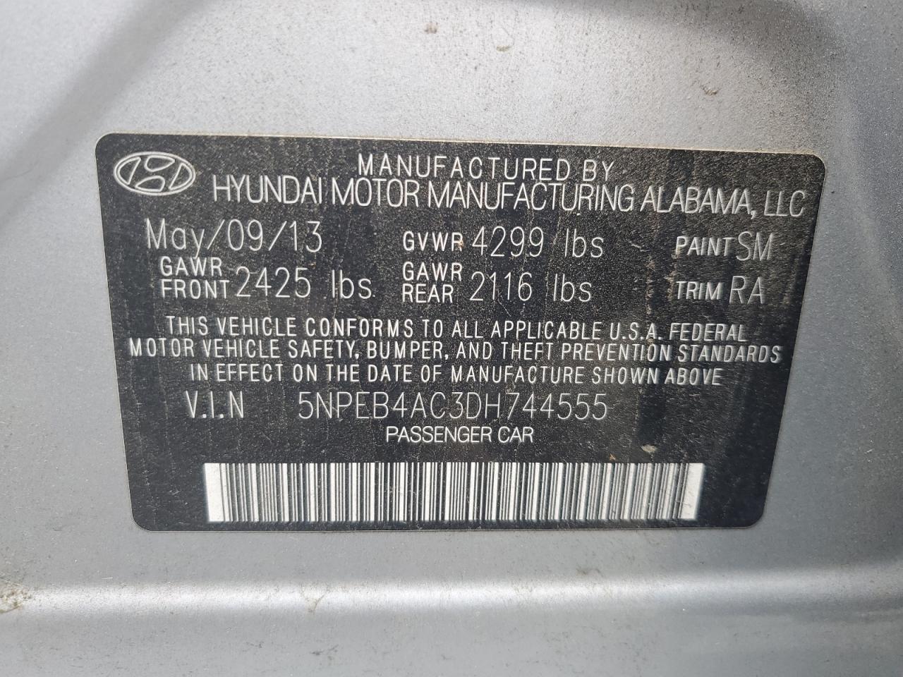 5NPEB4AC3DH744555 2013 Hyundai Sonata Gls