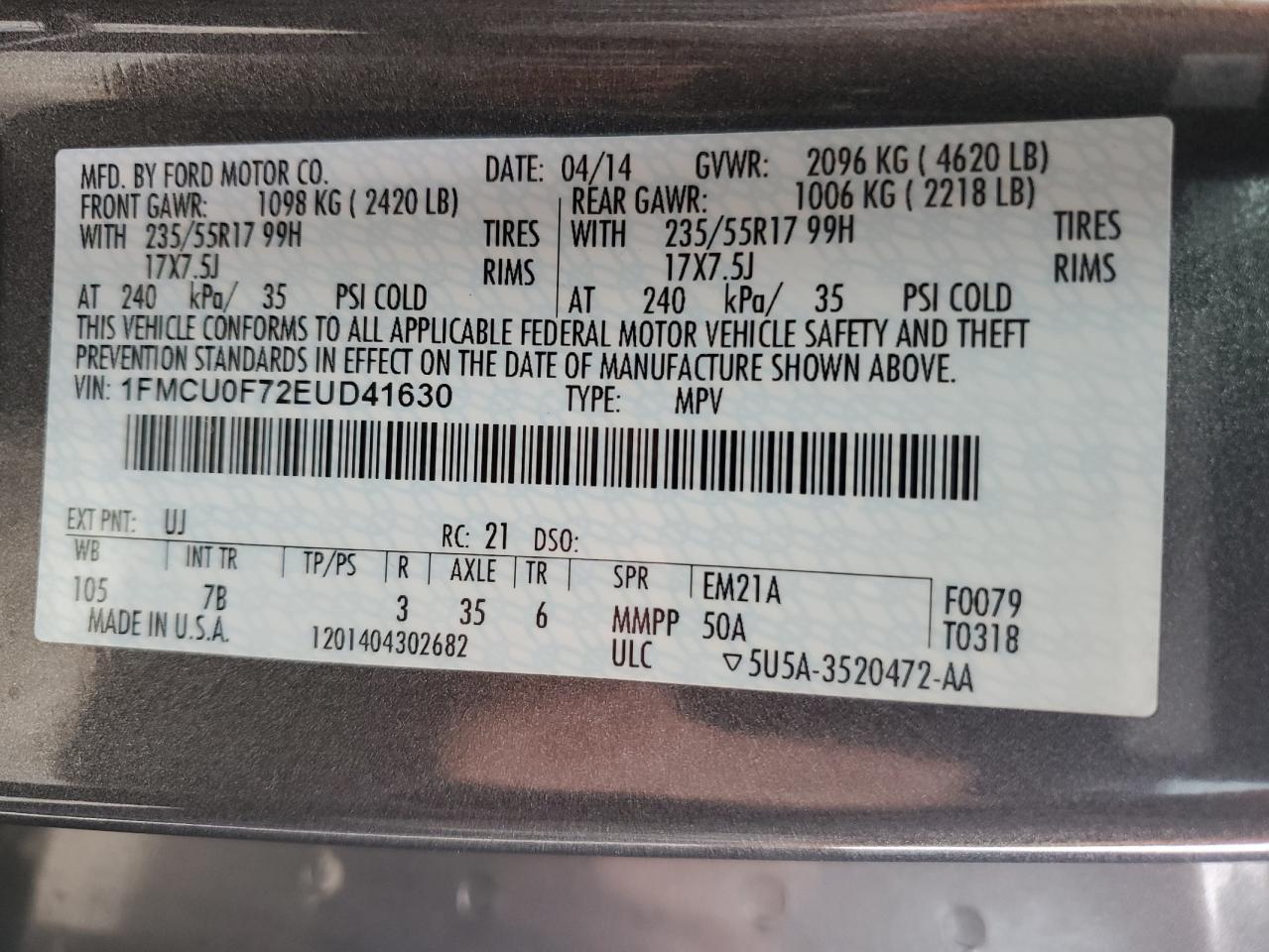 1FMCU0F72EUD41630 2014 Ford Escape S