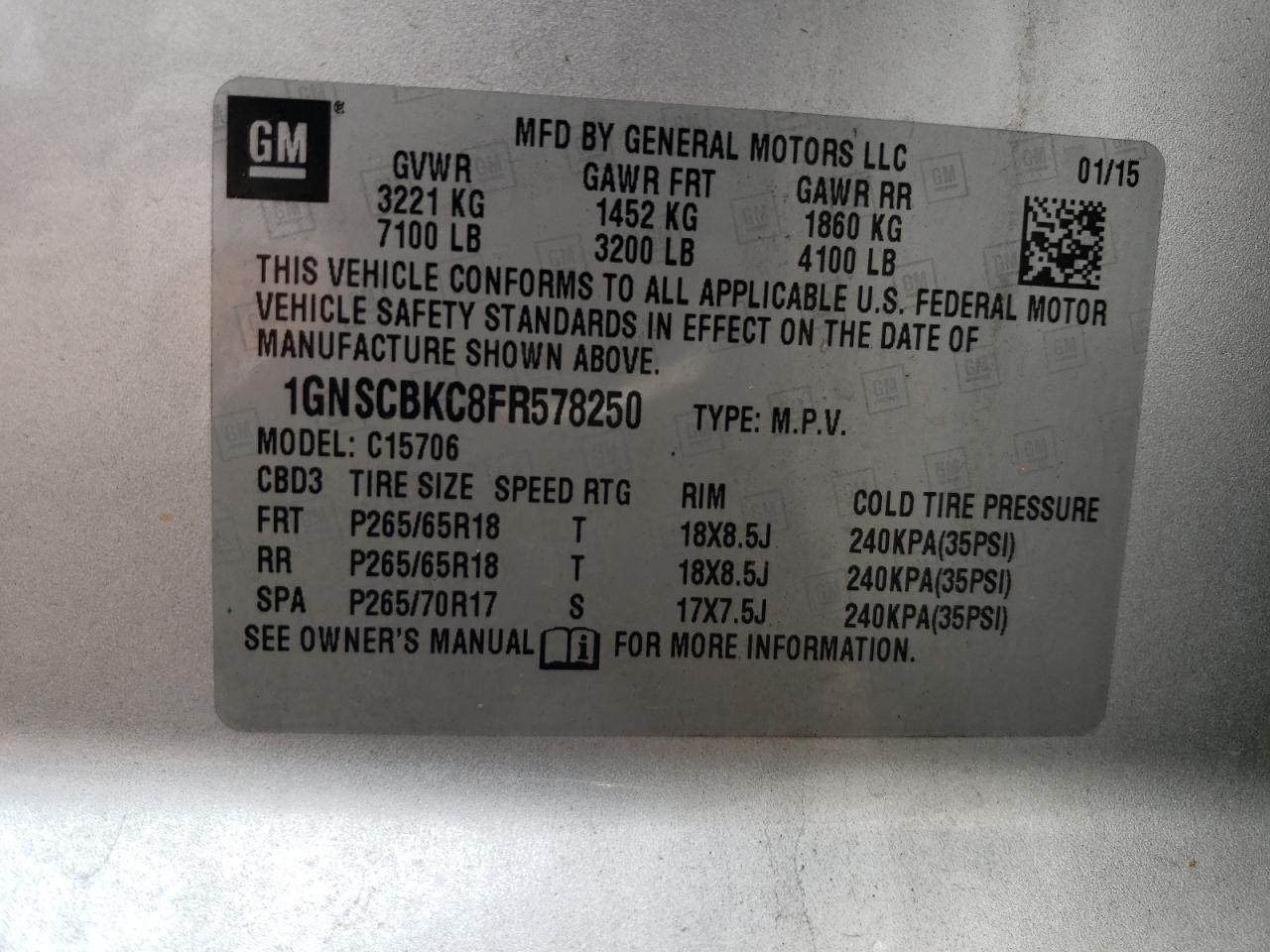 1GNSCBKC8FR578250 2015 Chevrolet Tahoe C1500 Lt