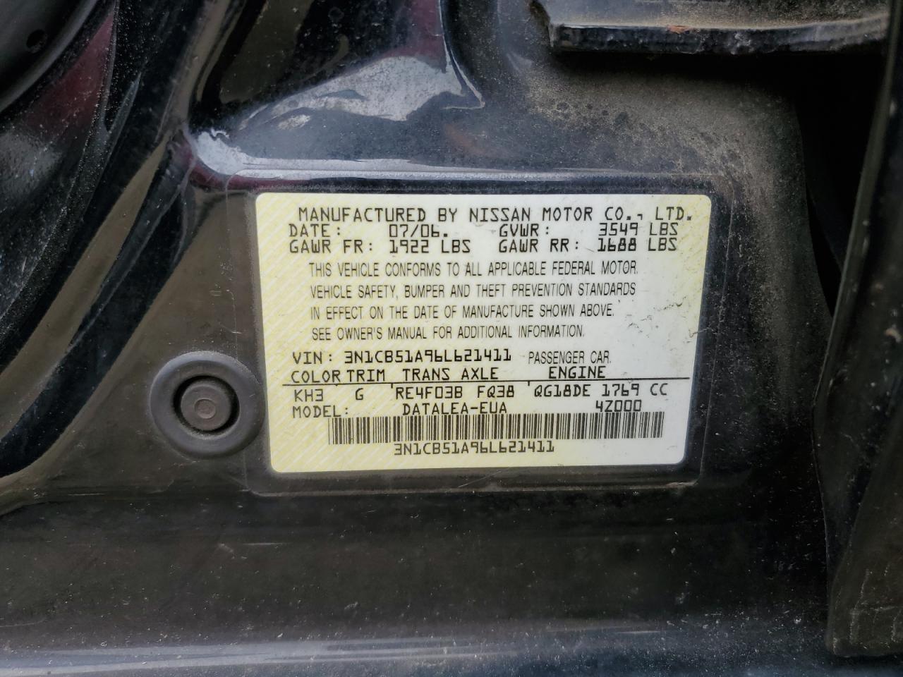 3N1CB51A96L621411 2006 Nissan Sentra 1.8S