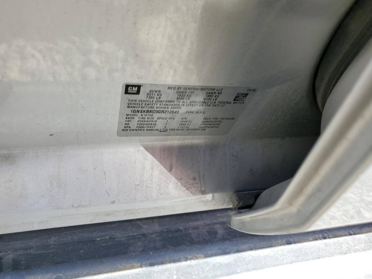 1GNSKBKC9GR212849 2016 Chevrolet Tahoe K1500 Lt